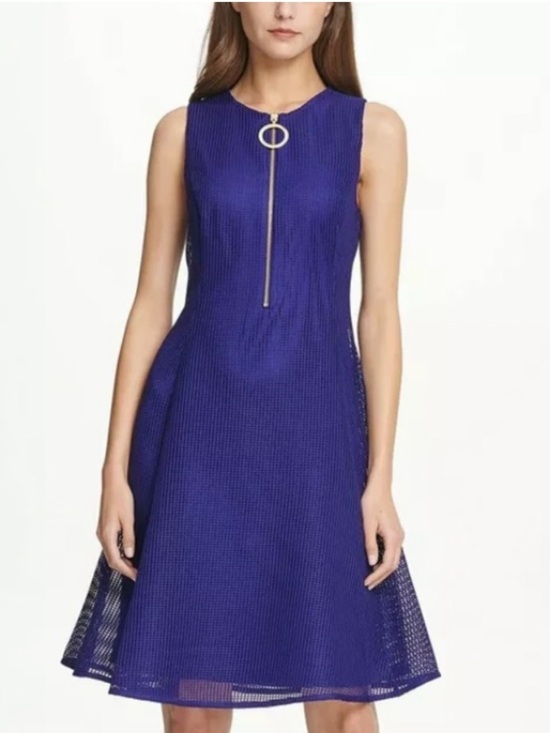 Dkny Dresses & Skirts - DKNY Blue Mesh Midi Dress Size 12 Fit & Flare Sleeveless A-Line Zip Front